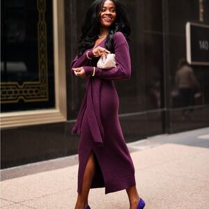 Purple sweater wrap dress